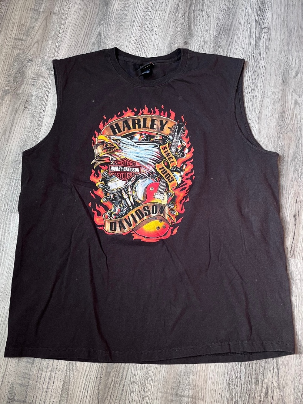 Harley Davidson Sleeveless Shirt guitar Flaming Eagle piqua Ohio xxl 2xl